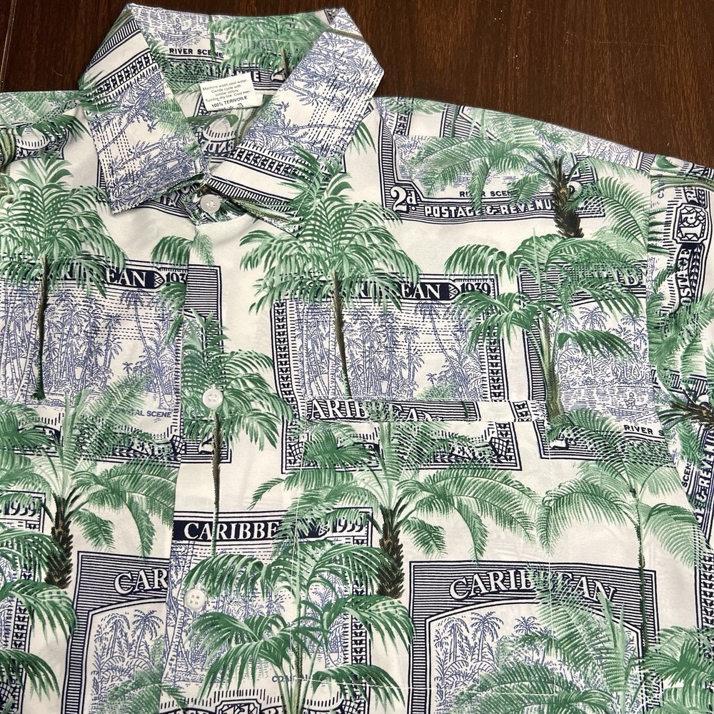 Vintage River Scene Mens Caribbean Stamp Print Button Up Shirt XL Tropical *READ